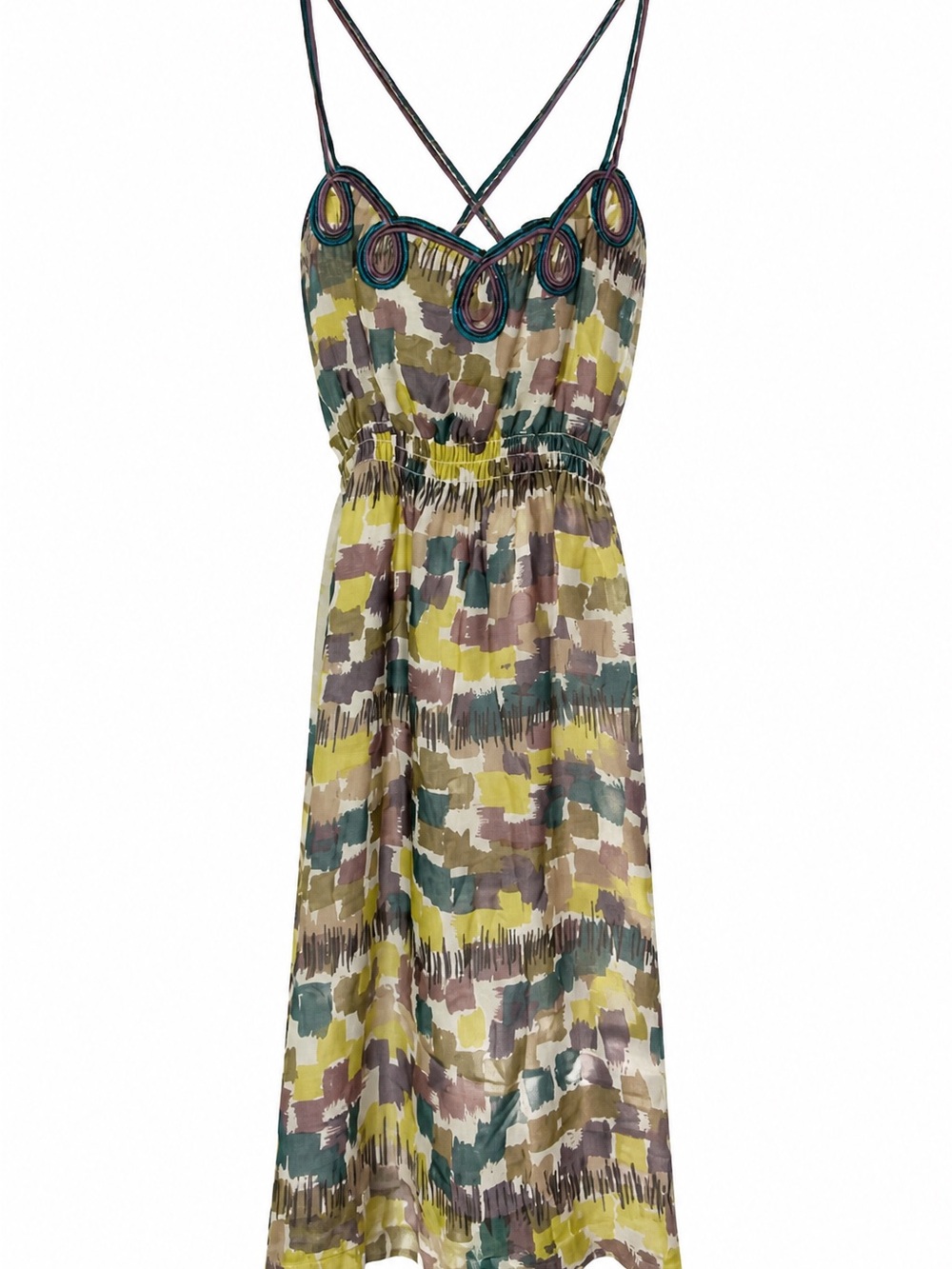Wendy Katlen Anthropology - 100% Silk Loop Piping CasualMidi Dress Block Pattern